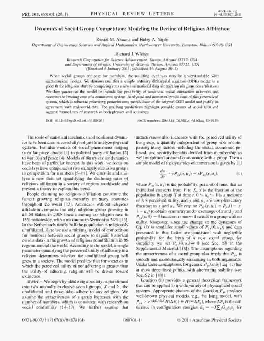 Abrams Yaple and Wiener - Dynamics of social group competition---modeling the decline of religious affiliation - PRL 107, 088701 (2011)